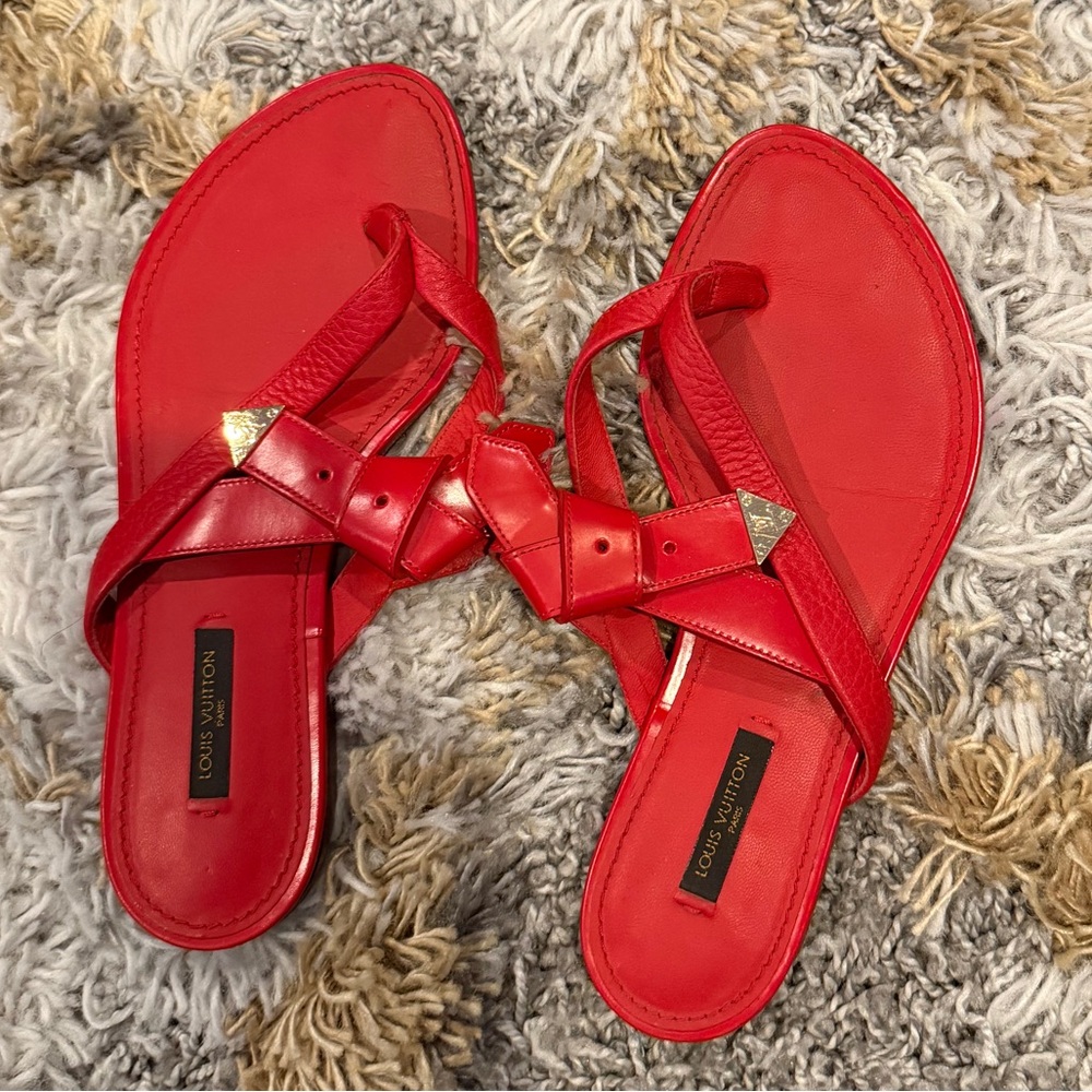 Louis Vuitton LV Vibrant Red Thong Sandals with Bow Details